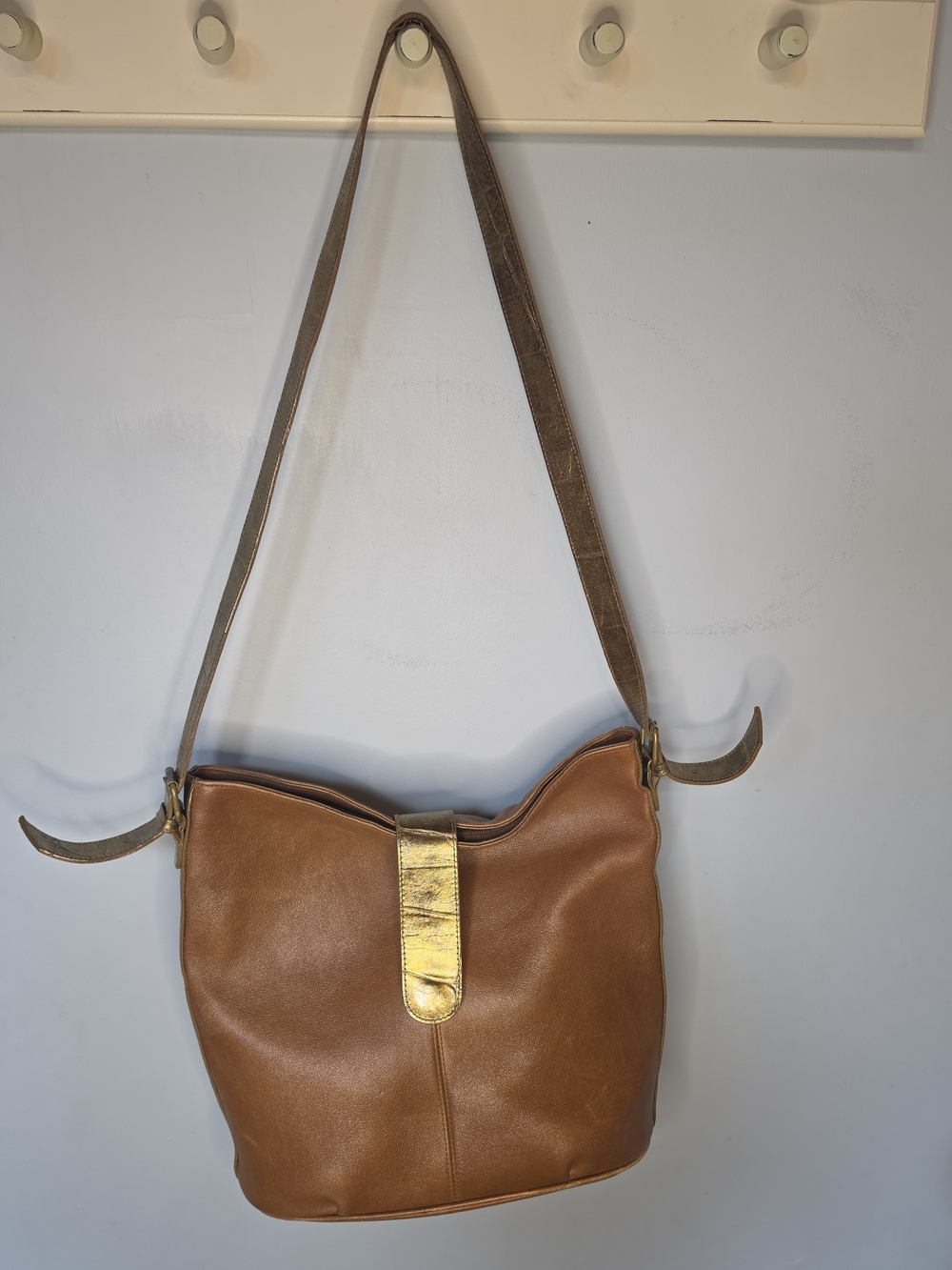 Emily Daniell Cognac Brown Leather Crossbody Bucket Bag Gold Boho